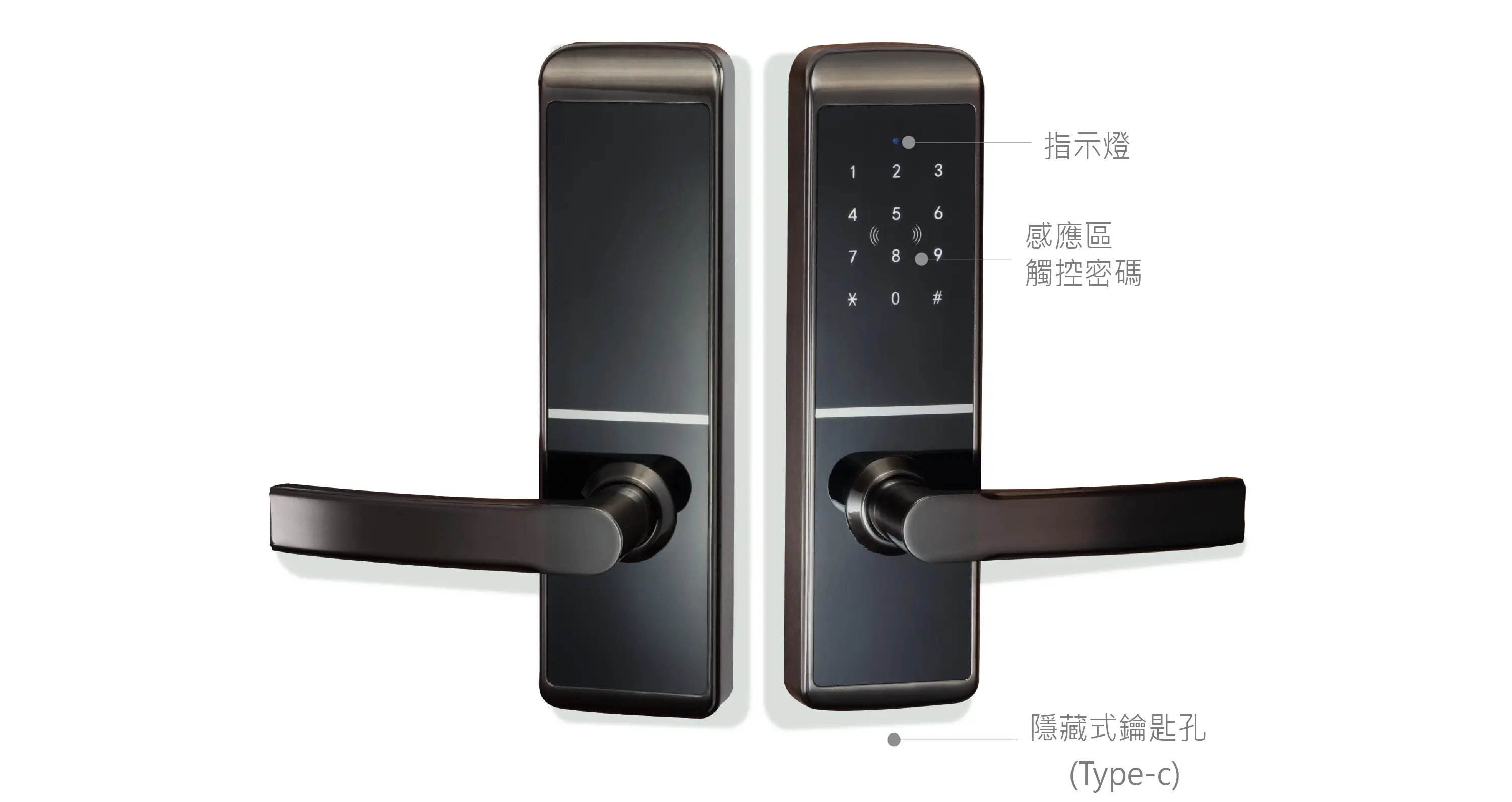 開門方式 藍牙APP、密碼、感應卡片、鑰匙 電池種類 4顆3號鹼性AA電池(開鎖3,000次以上) 工作環境 溫度-5°C~55°C、濕度30%~80% 適用門厚 35~60(mm) 面板規格 前70*271*31(mm)材質鋅合金＋強化面板